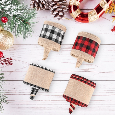 Nastro di Iuta Natalizio Con Bordo Animato Design a Quadri Buffalo per Decorazione Albero di Natale Confezione Regalo Fai Da Te