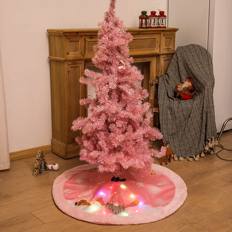 Falda de Árbol de Navidad LED Rosa Con Patrones de Gnomo Borde de Felpa Alfombra Redonda para Árbol para Decoración de Fiesta