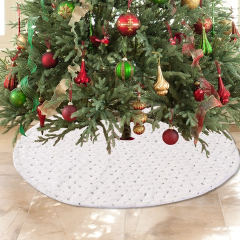 116cm Runde Weihnachtsbaumdecke Weißer Plüschstoff Mit Pailletten Stern Dekor Für Feiertagsparty Zuhause Ornament Baum Basis Abdeckung