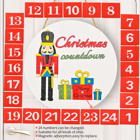 Calendario de Adviento de Madera de Cascanueces Navideño Letrero Redondo para Puerta Pared Hogar Decoración de Navidad