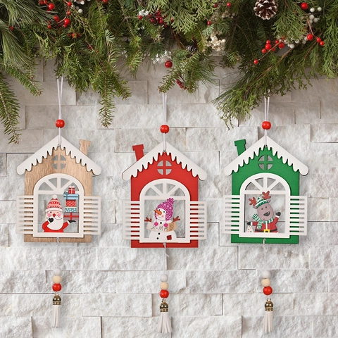Ciondolo Natalizio a Forma di Casa in Legno Con Nappa Babbo Natale Pupazzo di Neve Renna Decoro Festivo per Albero Casa