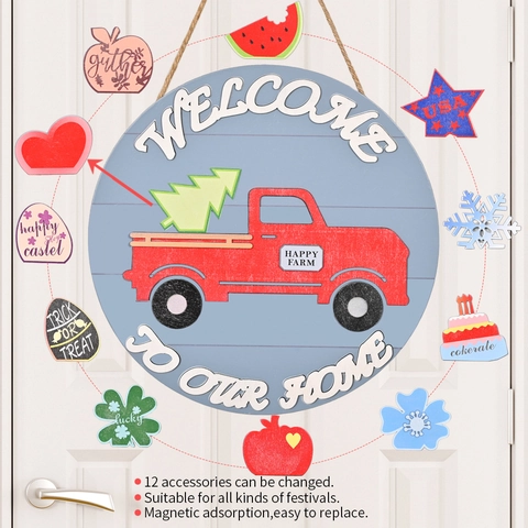 Cartello di Benvenuto Circolare in Legno per Porta d'Ingresso Con Magneti Stagionali Intercambiabili Decorazione Murale Camion Rosso