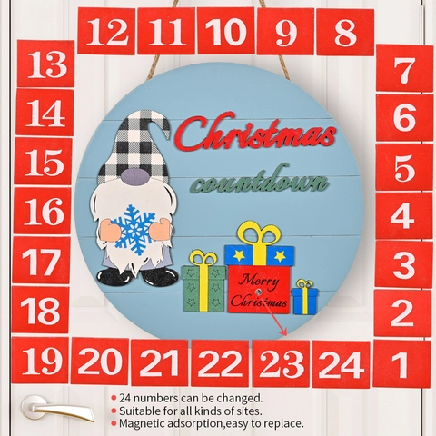 Calendario de Adviento de Cuenta Regresiva de Navidad Letrero de Madera Redondo Decoración Colgante Con Números Magnéticos Gnomo