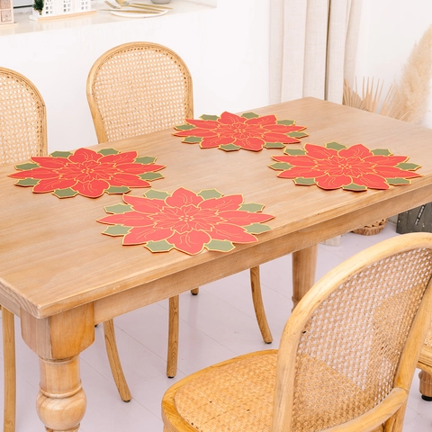 Christmas Poinsettia Flower Table Placemat Red Green Floral Heat Resistant Fabric Mat Festive Dining Table Decoration Home