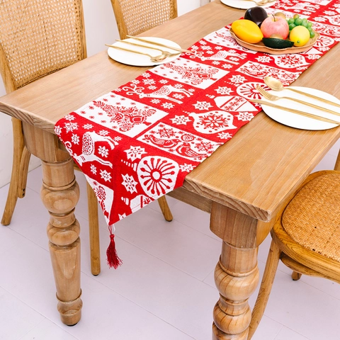 Festlicher Weihnachts-Tischläufer Baumwolle Polyester Jacquard Tischdecke Mit Quasten Für Esszimmer Zuhause Xmas Party Dekoration