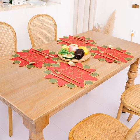 Christmas Poinsettia Flower Table Placemat Red Green Floral Heat Resistant Fabric Mat Festive Dining Table Decoration Home