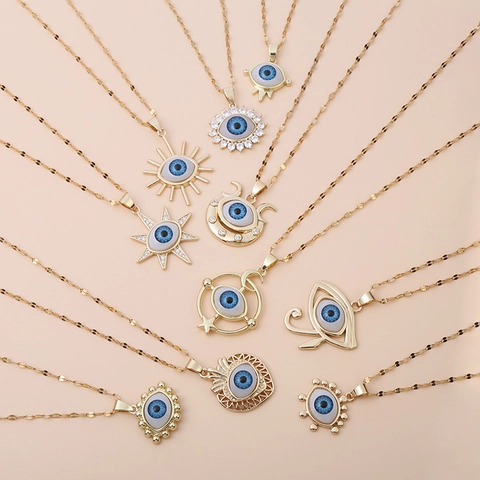 18K Gold Plated Copper Evil Eye Pendant Necklace For Women Sun Moon Star Heart Protection Amulet Fashion Jewelry Gift