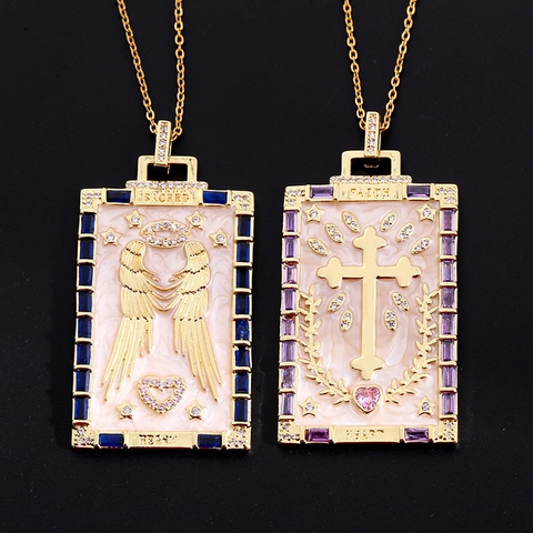 Vintage Tarot Card Style Rectangular Pendant Necklace Copper Gold Plated Angel Wings Cross Rhinestone Faith Jewelry