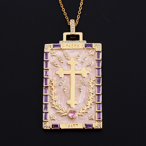 Vintage Tarot Card Style Rectangular Pendant Necklace Copper Gold Plated Angel Wings Cross Rhinestone Faith Jewelry