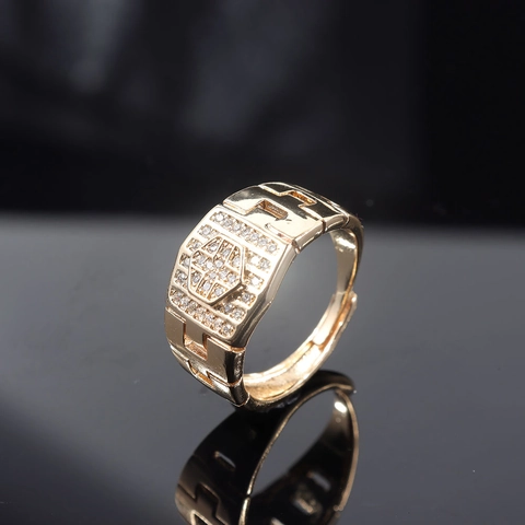 Men Gold Plated Copper Ring Micro Inlaid Zirconia Geometric Hip Hop Fashion Jewelry Adjustable Open Finger Ring Gift