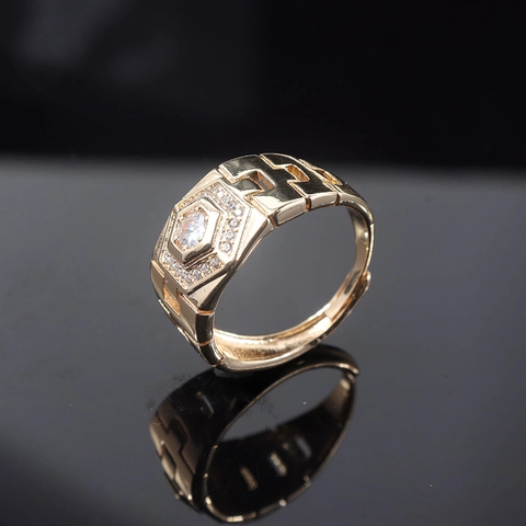 Men Gold Plated Copper Ring Micro Inlaid Zirconia Geometric Hip Hop Fashion Jewelry Adjustable Open Finger Ring Gift