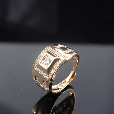 Anello Uomo Lusso Rame Placcato Oro Geometrico Quadrato Zirconia Regolabile Aperto Gioielli Moda Hip Hop