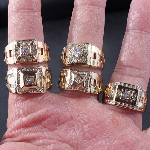 Anello Uomo Lusso Rame Placcato Oro Geometrico Quadrato Zirconia Regolabile Aperto Gioielli Moda Hip Hop