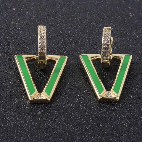 Copper Geometric V-Shape Hoop Earrings With Enamel Color Dripping Oil Rhinestone Inlaid Triangle Drop Earrings Women Jewelry