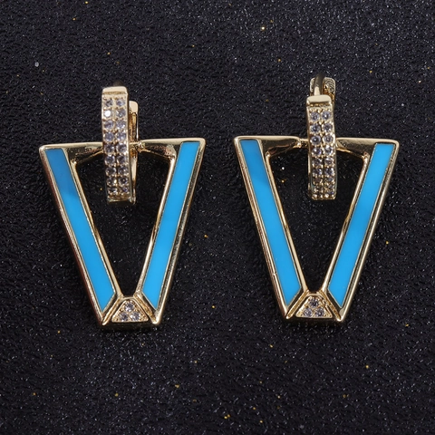 Koperen Geometrische V-Vorm Oorknoppen Met Emaille Kleur Druppelolie Strass Ingelegde Driehoek Hanger Oorbellen Vrouwen Sieraden