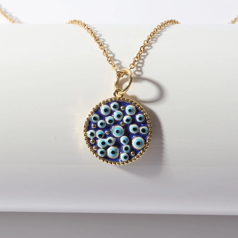 Bohemian Copper Gold Plated Evil Eye Round Disc Pendant Necklace For Women Blue Enamel Turkish Protective Amulet Jewelry Gift