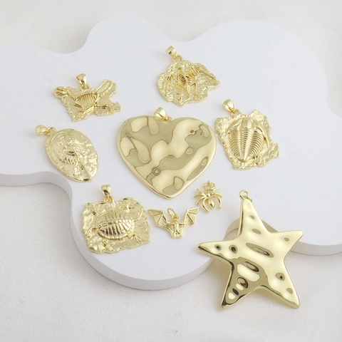 Vintage Gold Plated Copper Fossil Pendant For DIY Jewelry Making Individual Horseshoe Crab Trilobite Heart Starfish Charm