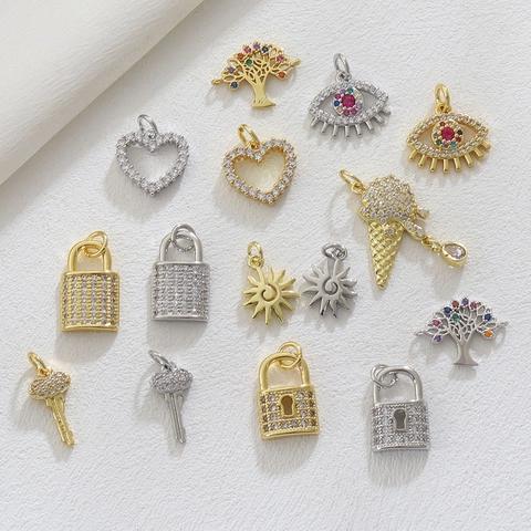 DIY Copper 18K Gold Plated Pendant Evil Eye Heart Tree Of Life Key Lock Shape Rhinestone Charms For Necklace Bracelet