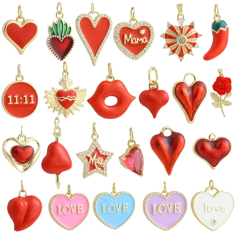 18K Gold Plated Copper Enamel Heart Star Lips Chili 11:11 Pendants For DIY Jewelry Making Necklace Bracelet Accessory