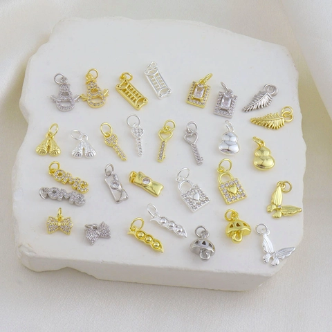 Mini Copper Zirconia DIY Charms Pendants For Jewelry Making Key Lock Snowman Butterfly Shape Bracelet Necklace Hanging Accessory