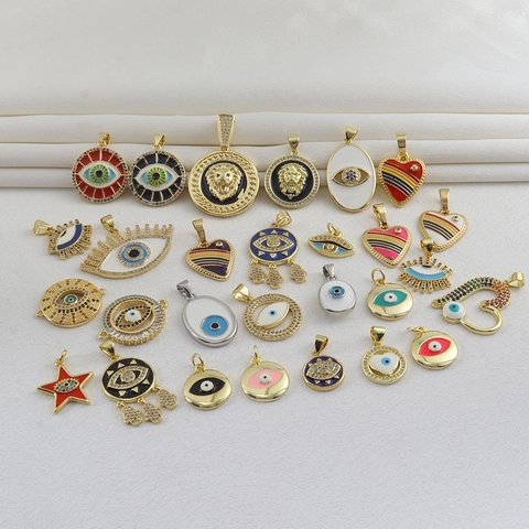 Colgante de Cobre Chapado en Oro 18K Mal de Ojo Corazón Cabeza de León Estrella Esmalte Strass DIY Creación de Joyas Accesorio