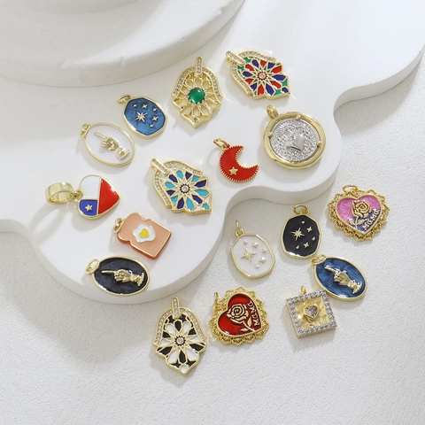 Vintage Gold Plated Copper Enamel Charms For DIY Necklace Bracelet Making Hamsa Hand Heart Rose Star Moon Pendants Women Jewelry