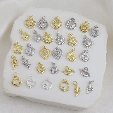 Vintage Copper Gold Silver Plated Pendants For DIY Jewelry Making Sun Moon Heart Leaf Zirconia Inlaid Charms For Necklace