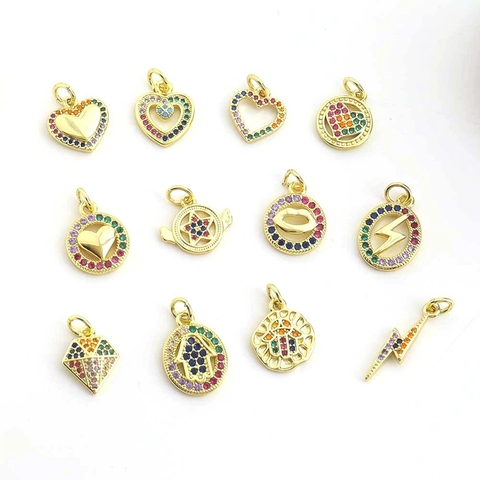 Fashion Copper 18K Gold Plated Heart Hamsa Hand Lightning Pendant With Colorful Rainbow Zirconia For DIY Necklace Bracelet Jewelry Making Women Gift