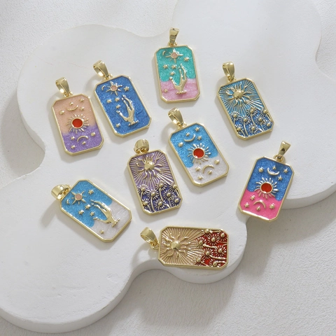 Copper Plated Real Gold Tarot Card Style Enamel Pendant Sun Moon Star Hand Floral Rectangular Charms For DIY Jewelry Making Women