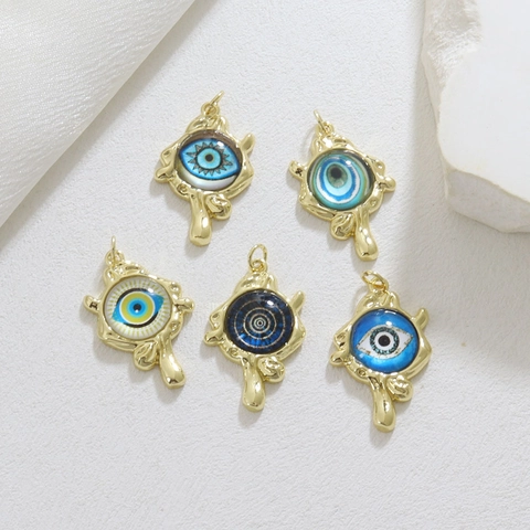 Pendentif Mauvais Œil en Cuivre Plaqué Or 18K Émail Charme Métal Fondu Irrégulier pour Fabrication de Bijoux DIY