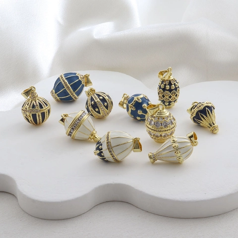 Vintage Copper Enamel Easter Egg Hot Air Balloon Pendants With Rhinestone Inlaid Fabergé Style Luxurious Jewelry Charms