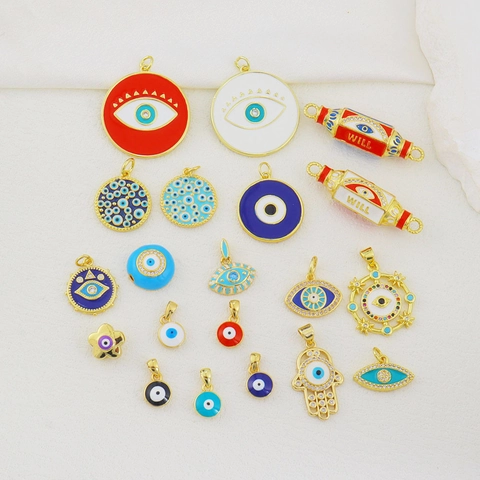 Evil Eye Pendants Gold Plated Copper Enamel Rhinestone Charms For DIY Necklace Bracelet Making Hamsa Hand Jewelry Supplies
