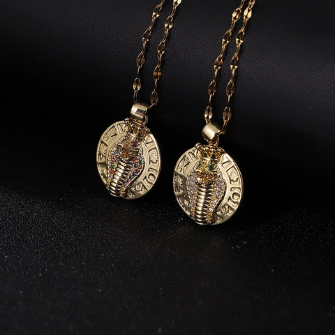 Vintage 3D Cobra Snake Pendant Necklace Gold Plated Copper Round Coin Egyptian Pharaoh Necklace With Zirconia For Women Men