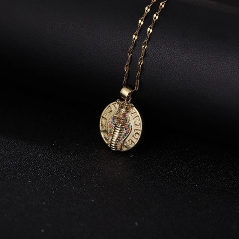 Vintage 3D Cobra Snake Pendant Necklace Gold Plated Copper Round Coin Egyptian Pharaoh Necklace With Zirconia For Women Men
