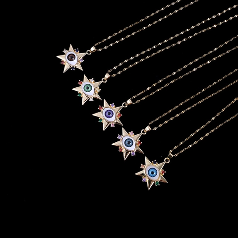 Kupfer Zirkonia Stern Böses Auge Anhänger Halskette Vergoldet Böhmisch Vintage Glücksamulett Schmuck Zubehör Für Damen Herren