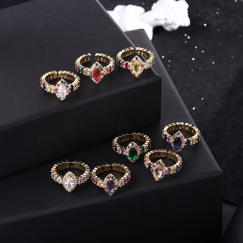 Vintage Copper Zirconia Open Ring For Women Colorful Marquise Cut Gemstone Adjustable Ring Gold Plated Bohemian Jewelry Gift