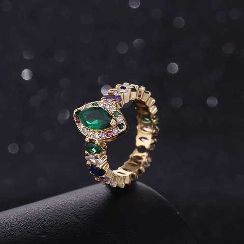 Vintage Copper Zirconia Open Ring For Women Colorful Marquise Cut Gemstone Adjustable Ring Gold Plated Bohemian Jewelry Gift