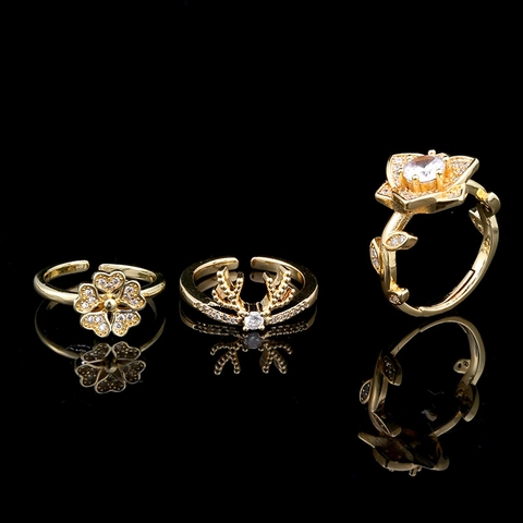 Fashion Adjustable Copper Zirconia Ring For Women Gold Plated Flower Clover Antler Design Jewelry Gift For Birthday Party