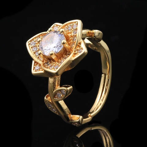 Fashion Adjustable Copper Zirconia Ring For Women Gold Plated Flower Clover Antler Design Jewelry Gift For Birthday Party