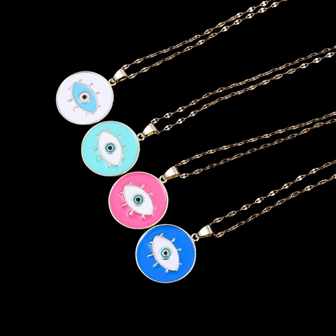 Gold Plated Copper Evil Eye Pendant Necklace Enamel Nazar Amulet Round Geometric Fashion Unisex Trendy Jewelry Accessory