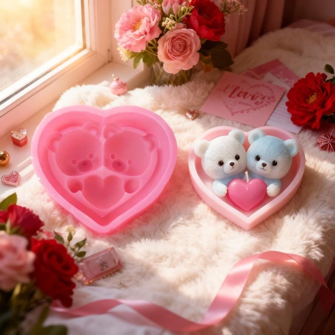 Herz Bär Silikonform 3D Doppelbären Mit Herz Für Valentinstag DIY Handgemachte Kerze Seife Gips Harz Handwerk Kuchen Backwerkzeug