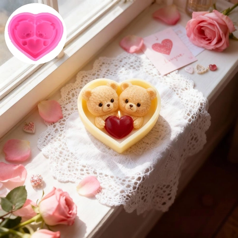 Herz Bär Silikonform 3D Doppelbären Mit Herz Für Valentinstag DIY Handgemachte Kerze Seife Gips Harz Handwerk Kuchen Backwerkzeug