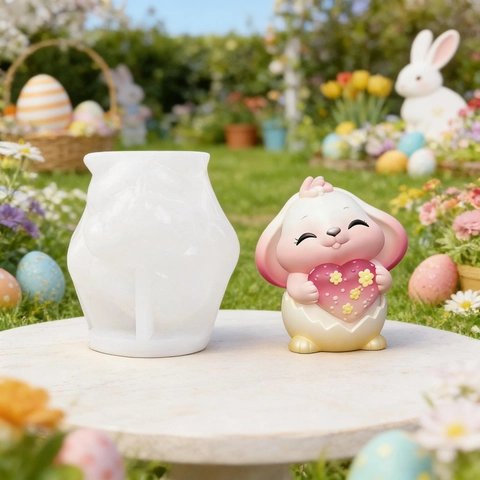Molde de Silicona de Conejo de Pascua Abrazando Corazón Cáscara de Huevo Conejito de Dibujos Animados 3D DIY Vela Hecha a Mano Yeso Resina Artesanía Ornamento Molde de Hornear