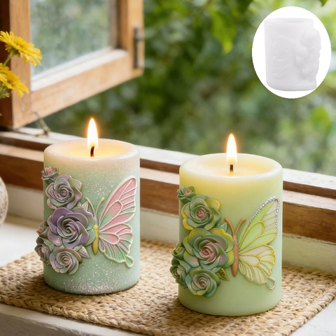 Butterfly Flower Cylindrical Silicone Mold For DIY Aromatherapy Candle Handmade Soap Plaster Embossed Floral Casting Mold