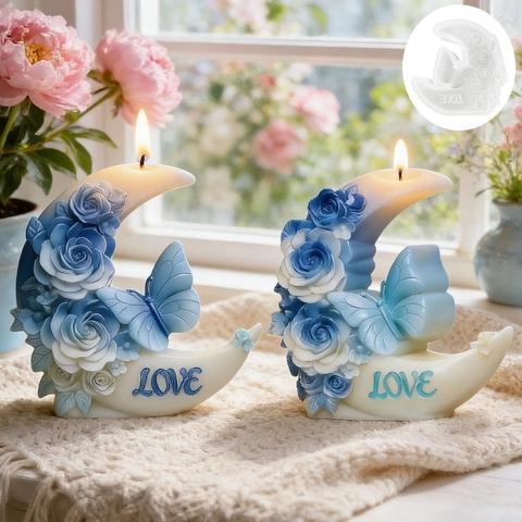 Moon Butterfly Flower Silicone Mold DIY Rose Butterfly Scented Candle Mold Heart LOVE Design Resin Plaster Soap Craft Mold