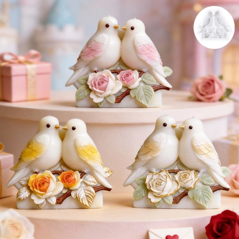 Molde de Silicona 3D Pájaros del Amor Rama de Rosa Para Vela de Aromaterapia DIY Jabón Artesanal Yeso Regalo de San Valentín