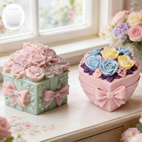 Moule en Silicone Boîte Cadeau Fleur de Rose pour Bougie DIY Plâtre d'Aromathérapie Savon Cadeau Saint-Valentin Moule Relief 3D