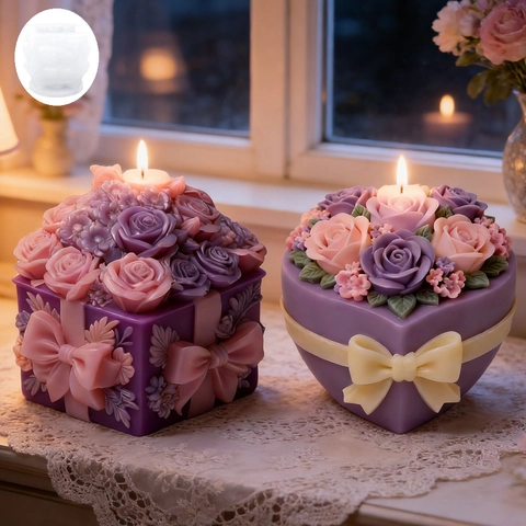 Moule en Silicone Boîte Cadeau Fleur de Rose pour Bougie DIY Plâtre d'Aromathérapie Savon Cadeau Saint-Valentin Moule Relief 3D