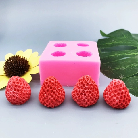 3D Strawberry Silicone Cake Mold 4 Cavity Fruit Shape Fondant Chocolate Baking Mold DIY Candle Soap Making Tool Pink Flexible Silicone