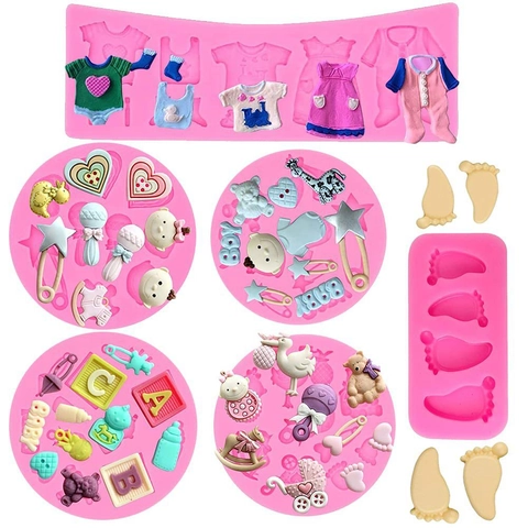 Baby Shower Theme Silicone Fondant Mold Set Rocking Horse Feet Bottle Shape Cake Decoration DIY Chocolate Baking Tools